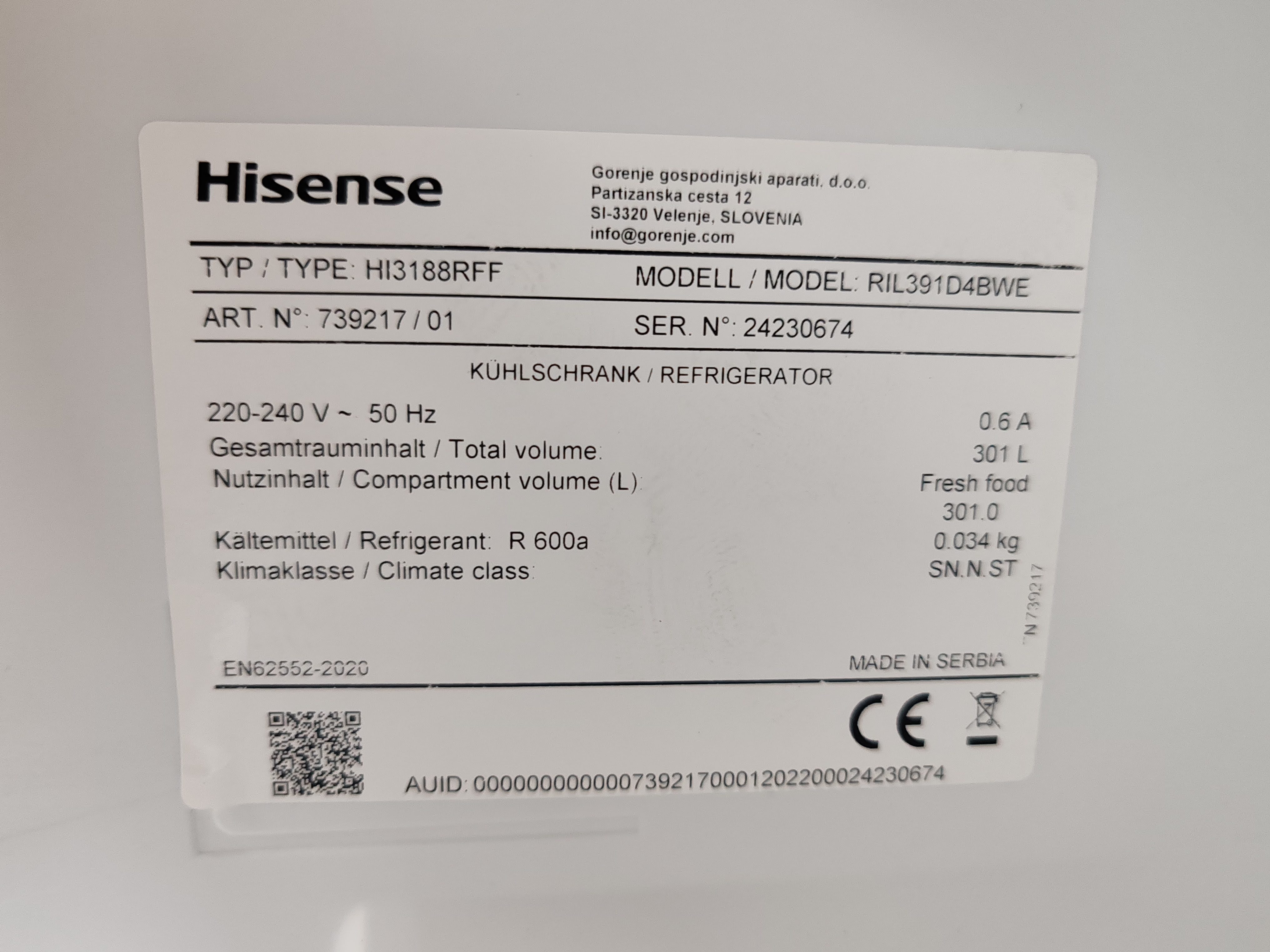 Ugradni Frižider Hisense RIL391D4BWE , 177 cm
