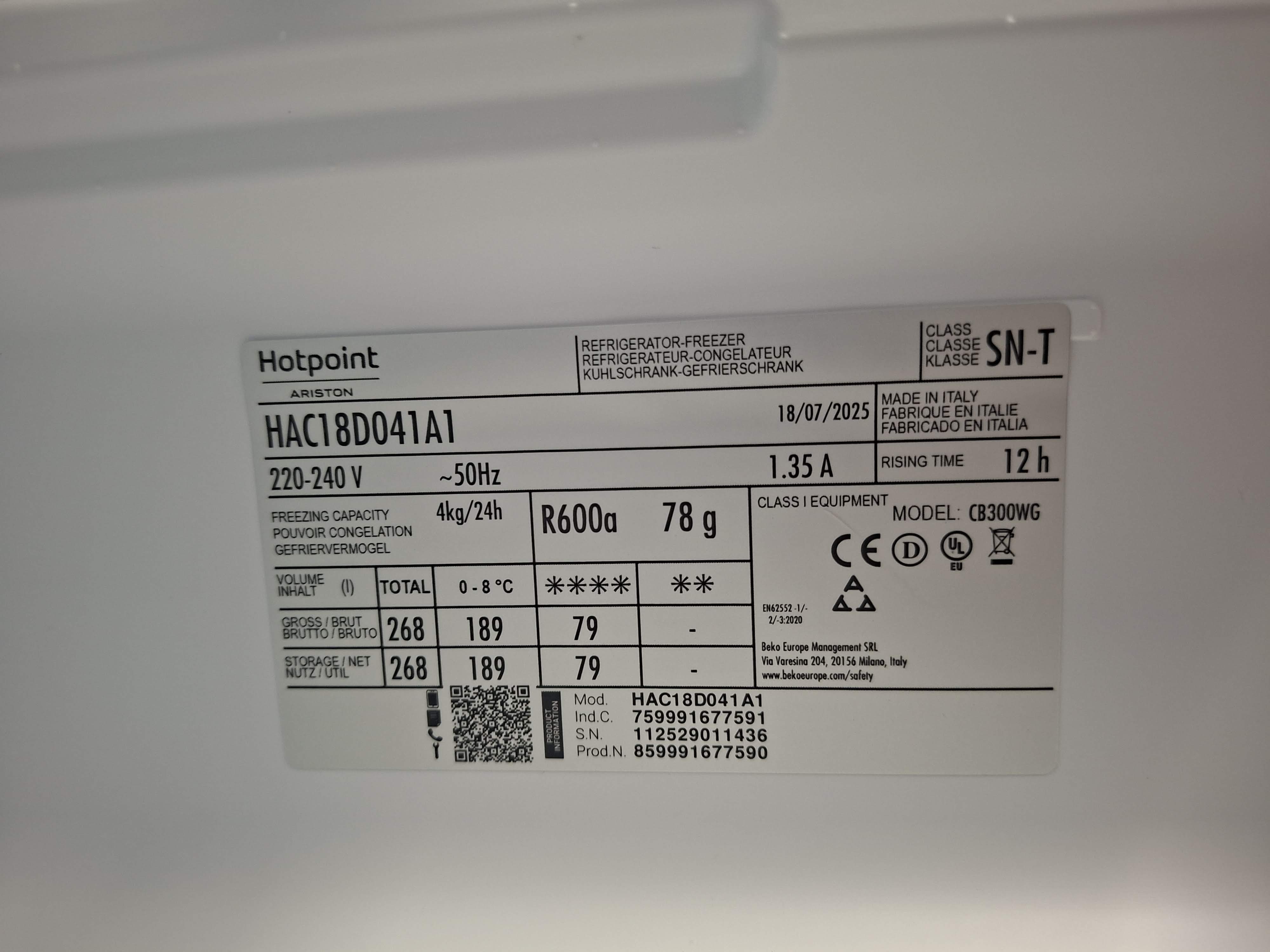 Ugradni Frižider Hotpoint Ariston HAC18D041A1 , 177 cm.