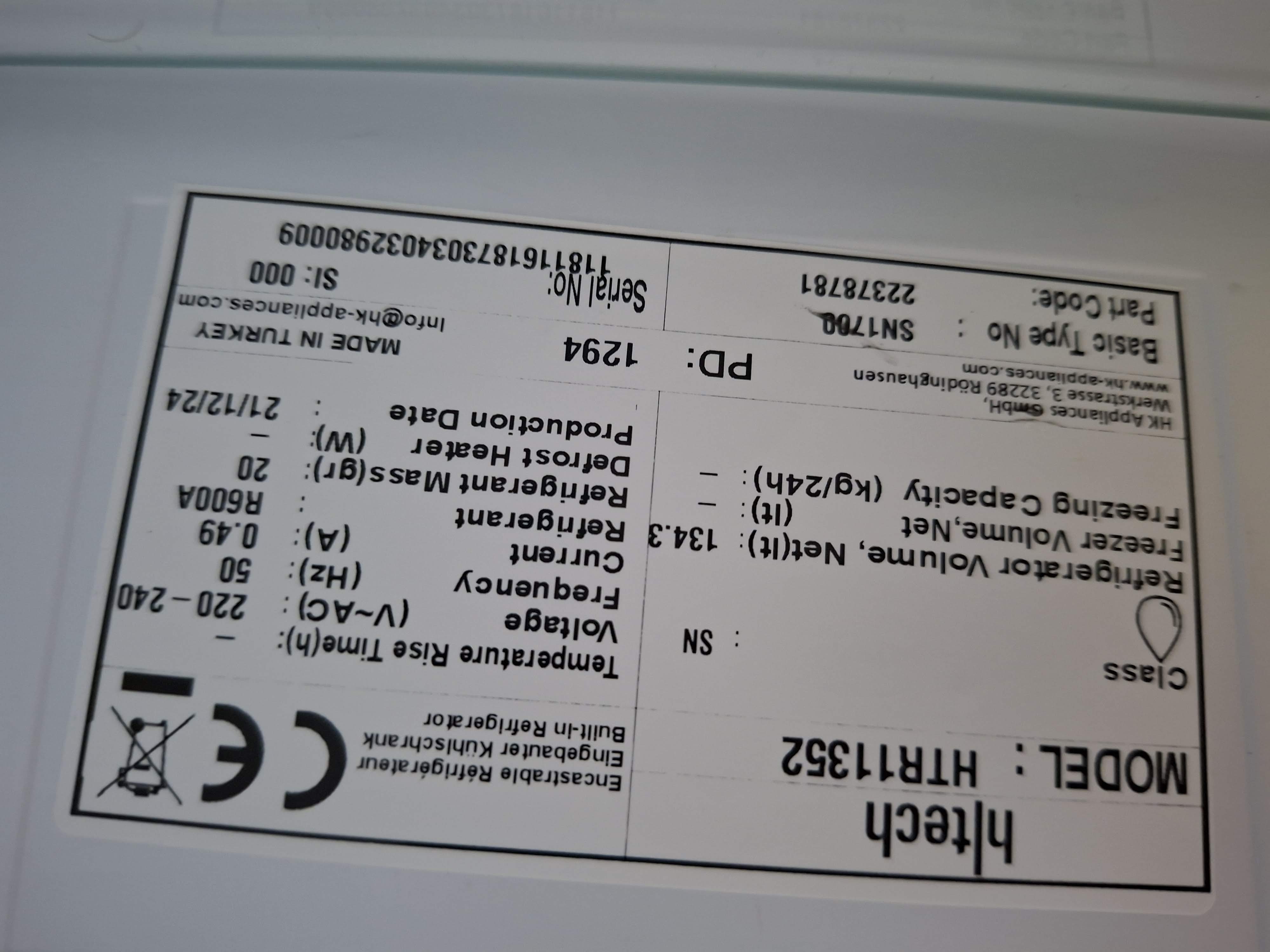 Ugradni frižider Htech HTR11352, 82cm, podpultni