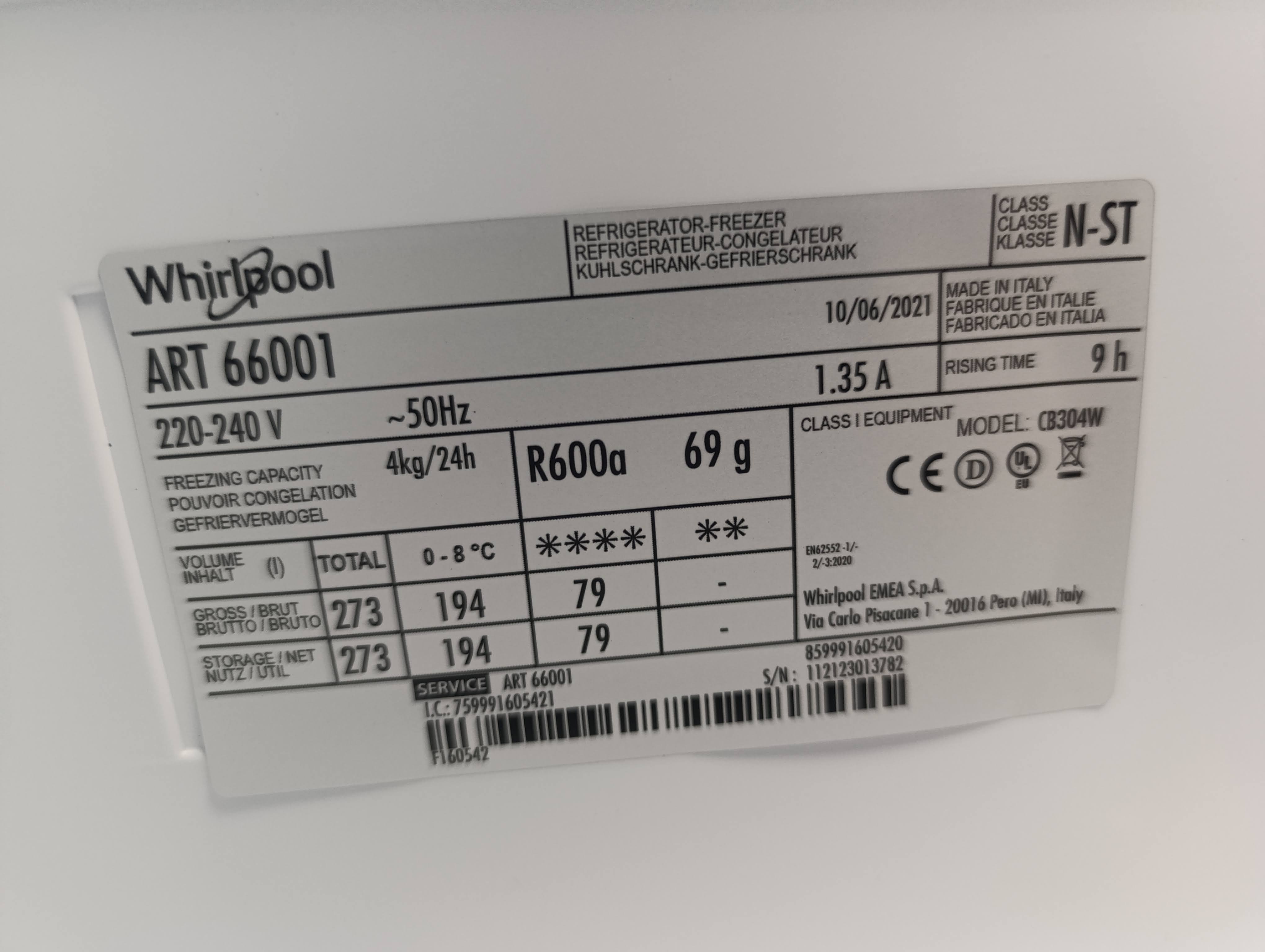 Ugradni Frižider Whirlpool ART 66001 , 177 cm.