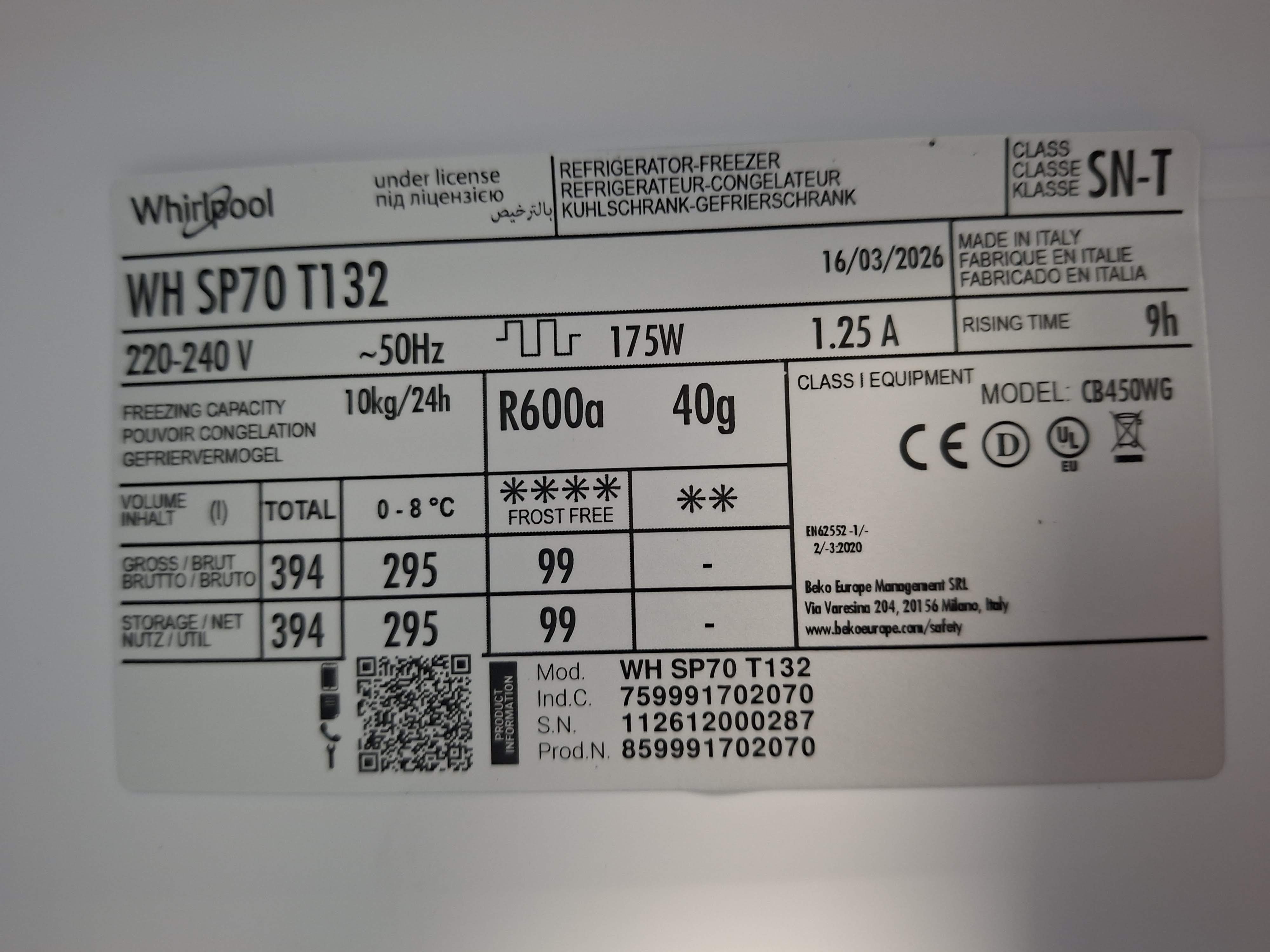 Ugradni Frižider Whirlpool WH SP70 T132 , 194x69 cm.