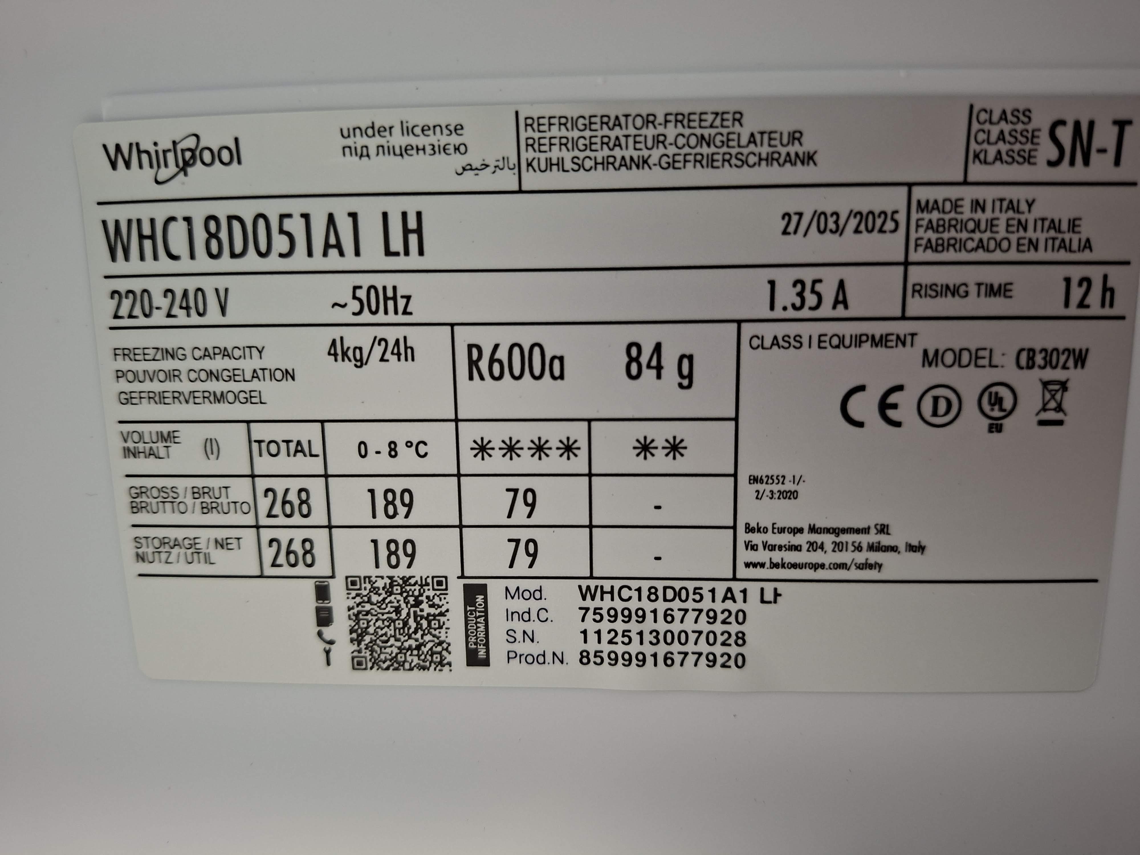 Ugradni frižider Whirlpool WHC18D051A1 LH, 177 cm