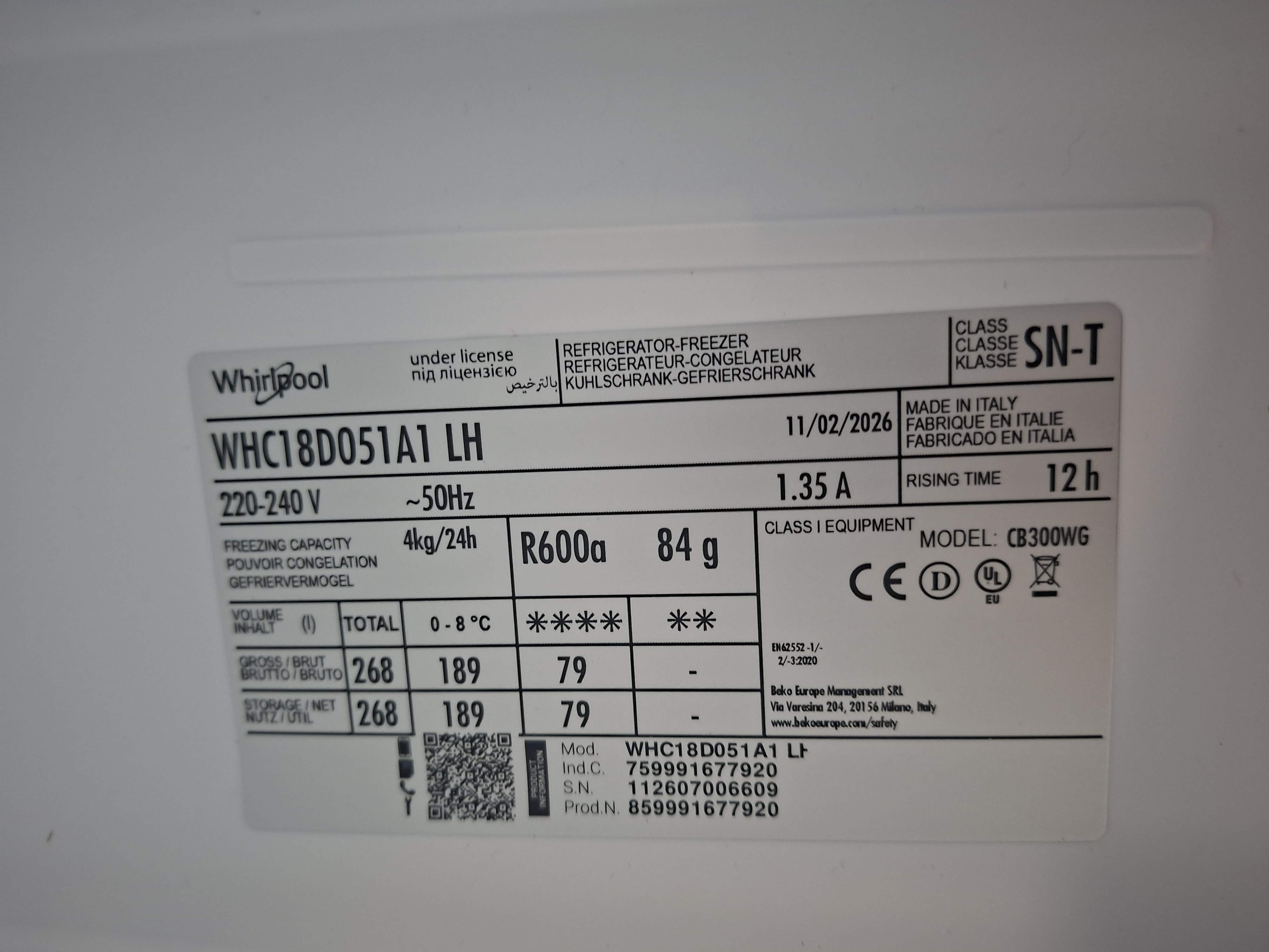 Ugradni frižider Whirlpool WHC18D051A1 LH, 177 cm