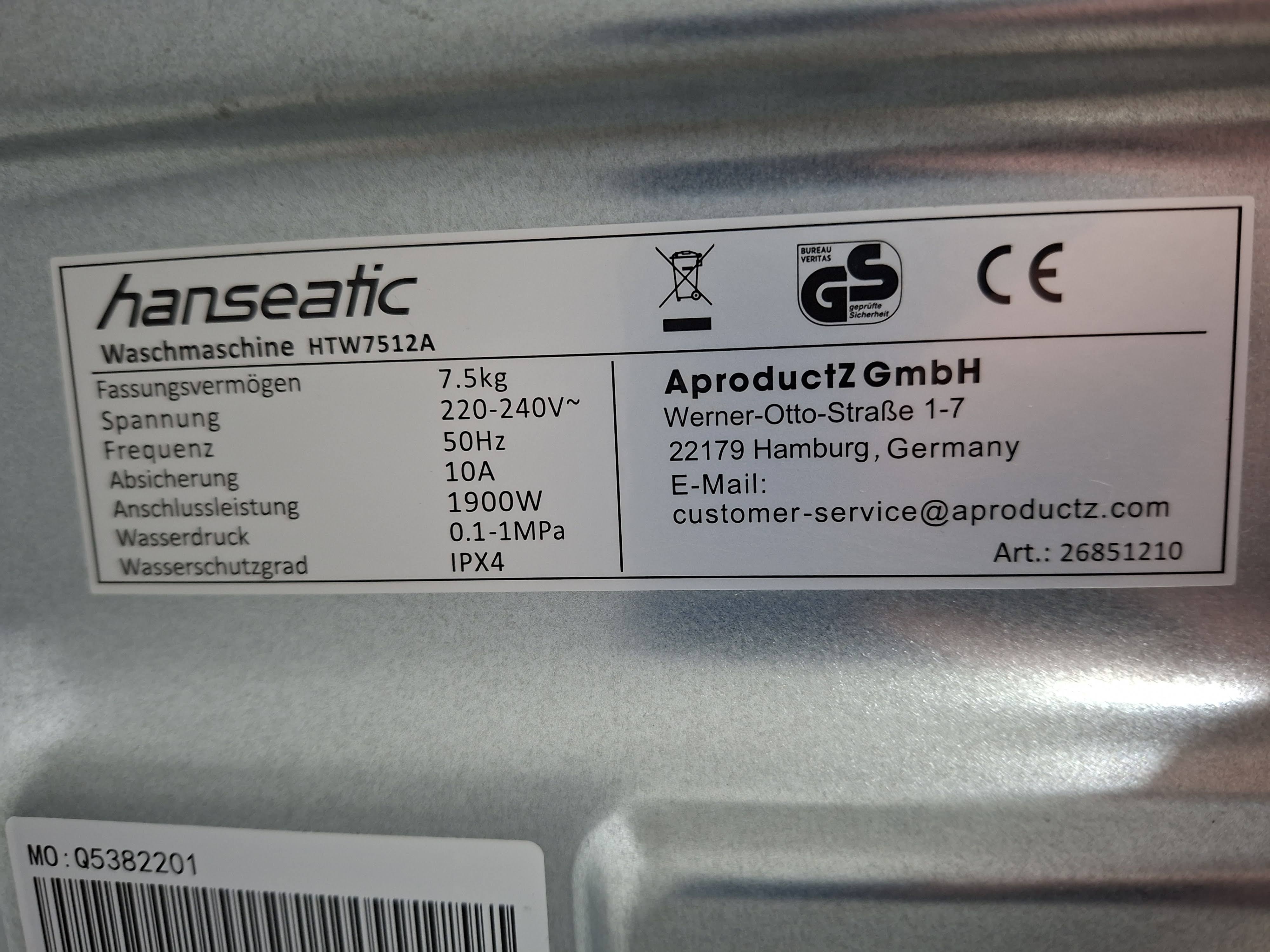 Veš mašina Hanseatic HTW7512A, 7.5 kg