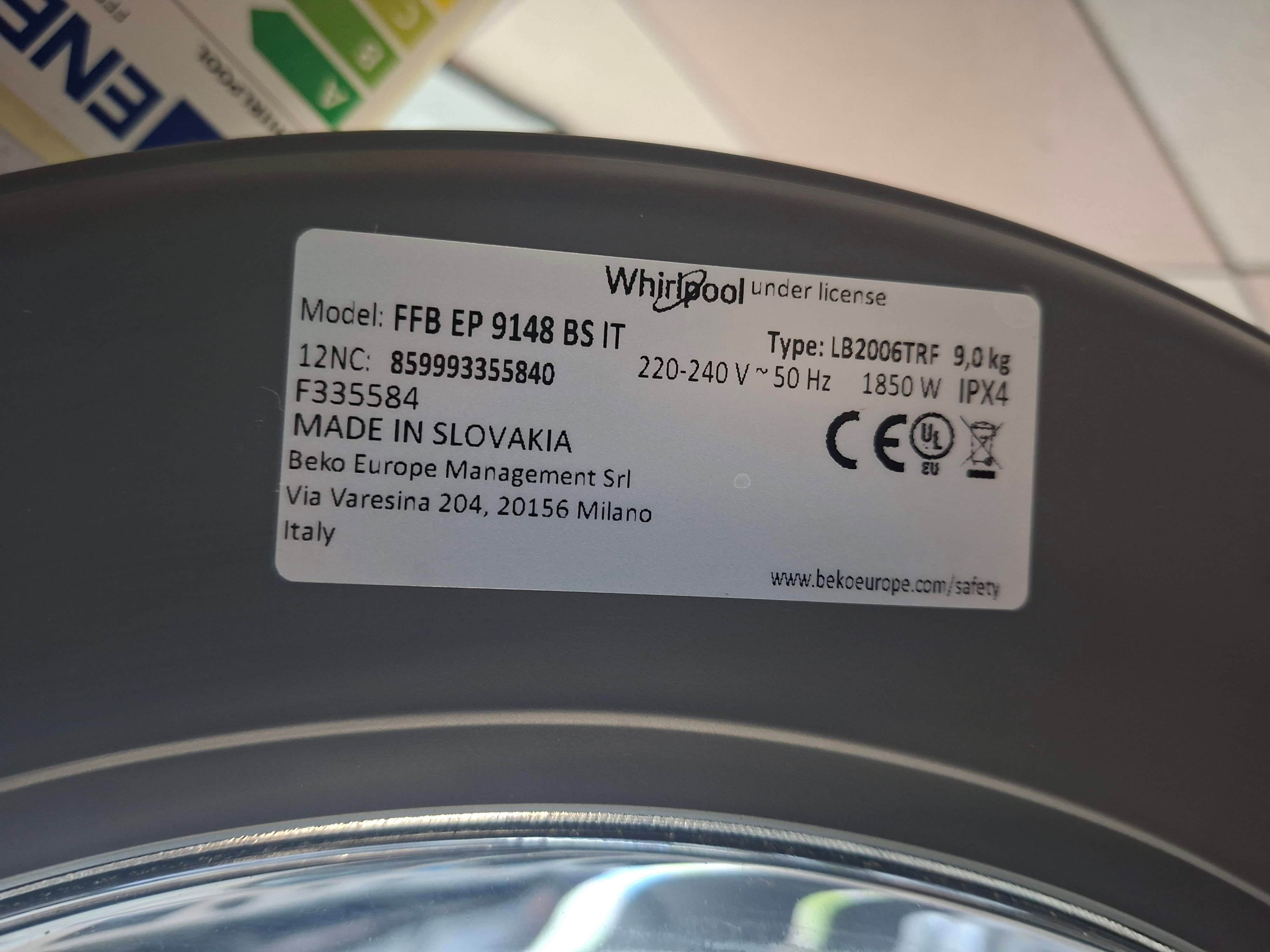 Veš mašina Whirlpool FFB EP 9148 BS IT, 9 kg.