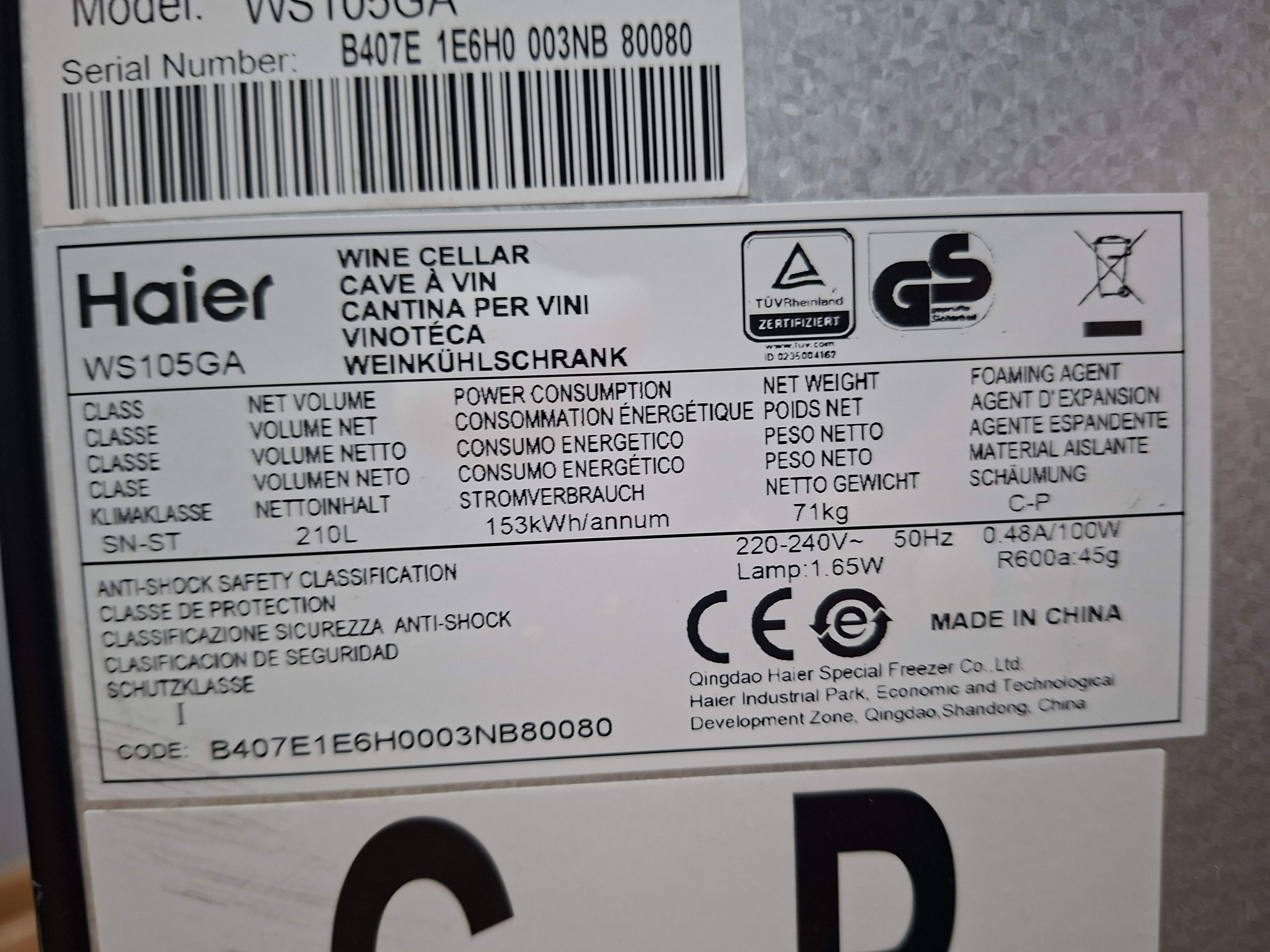 Vinska Vitrina Haier WS105GA , 105 Boca
