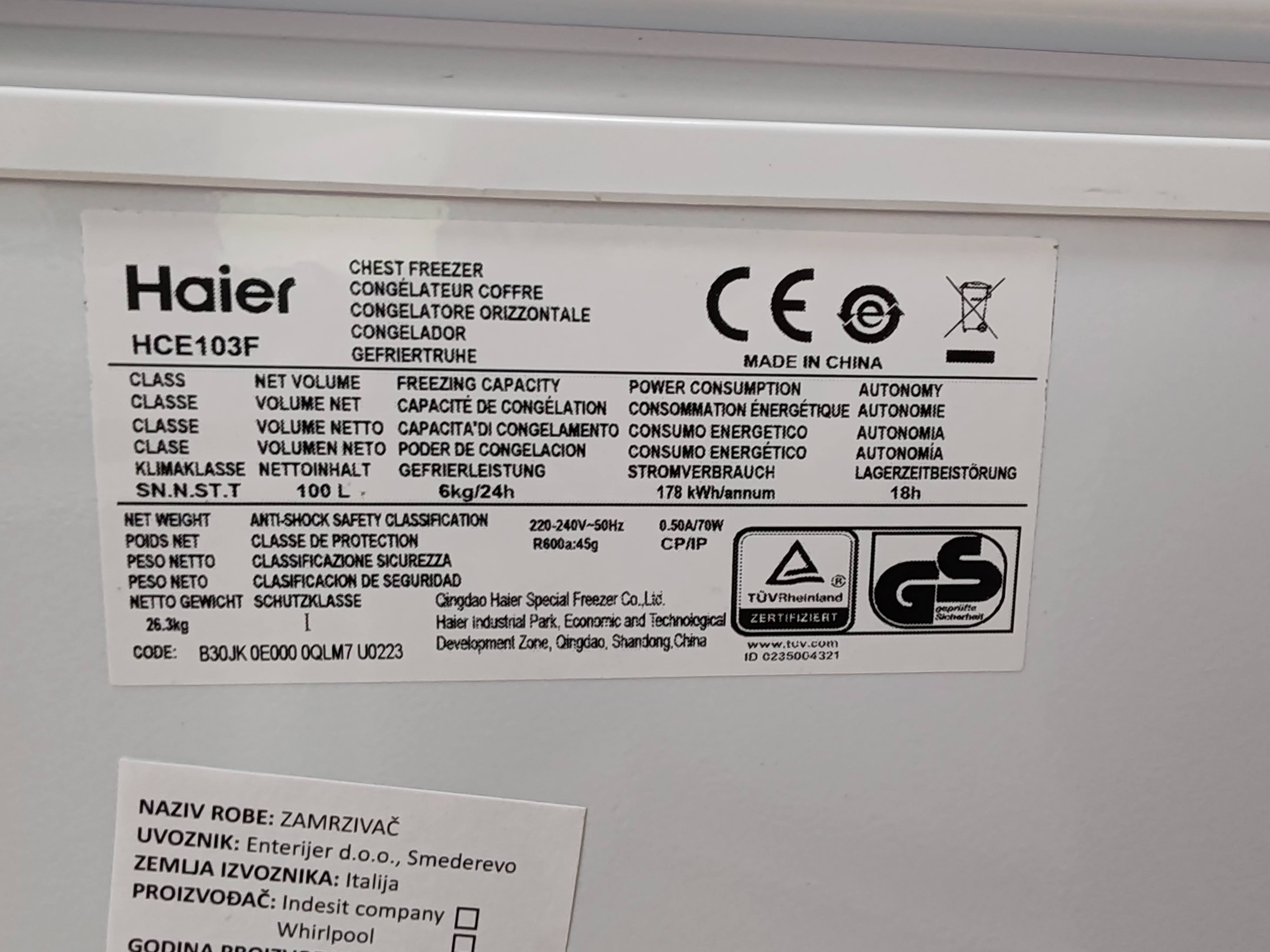 Zamrzivač Haier HCE103F , 100 litara