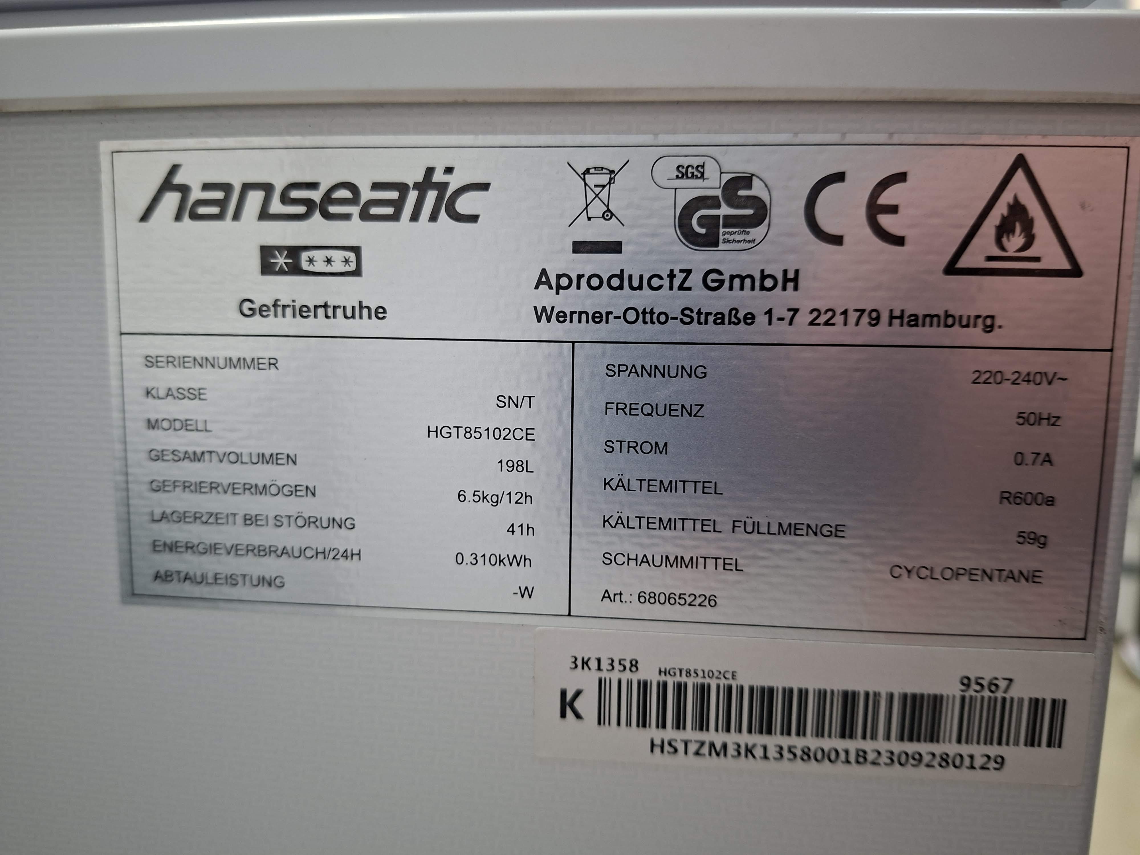 Zamrzivač Hanseatic HGT85102CE , 198 litara