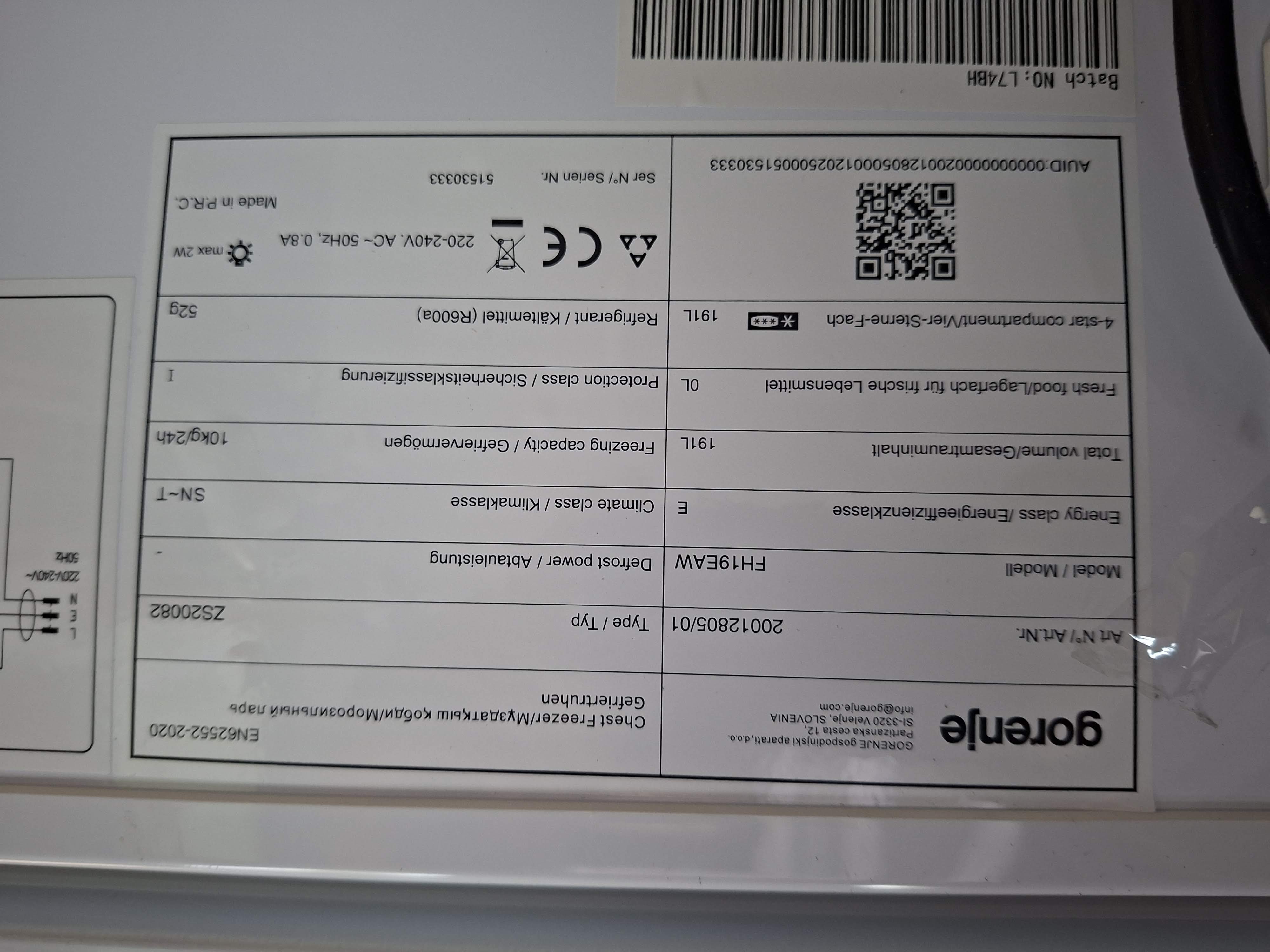 Zamrzivač sandučar Gorenje FH19EAW , 191 litara