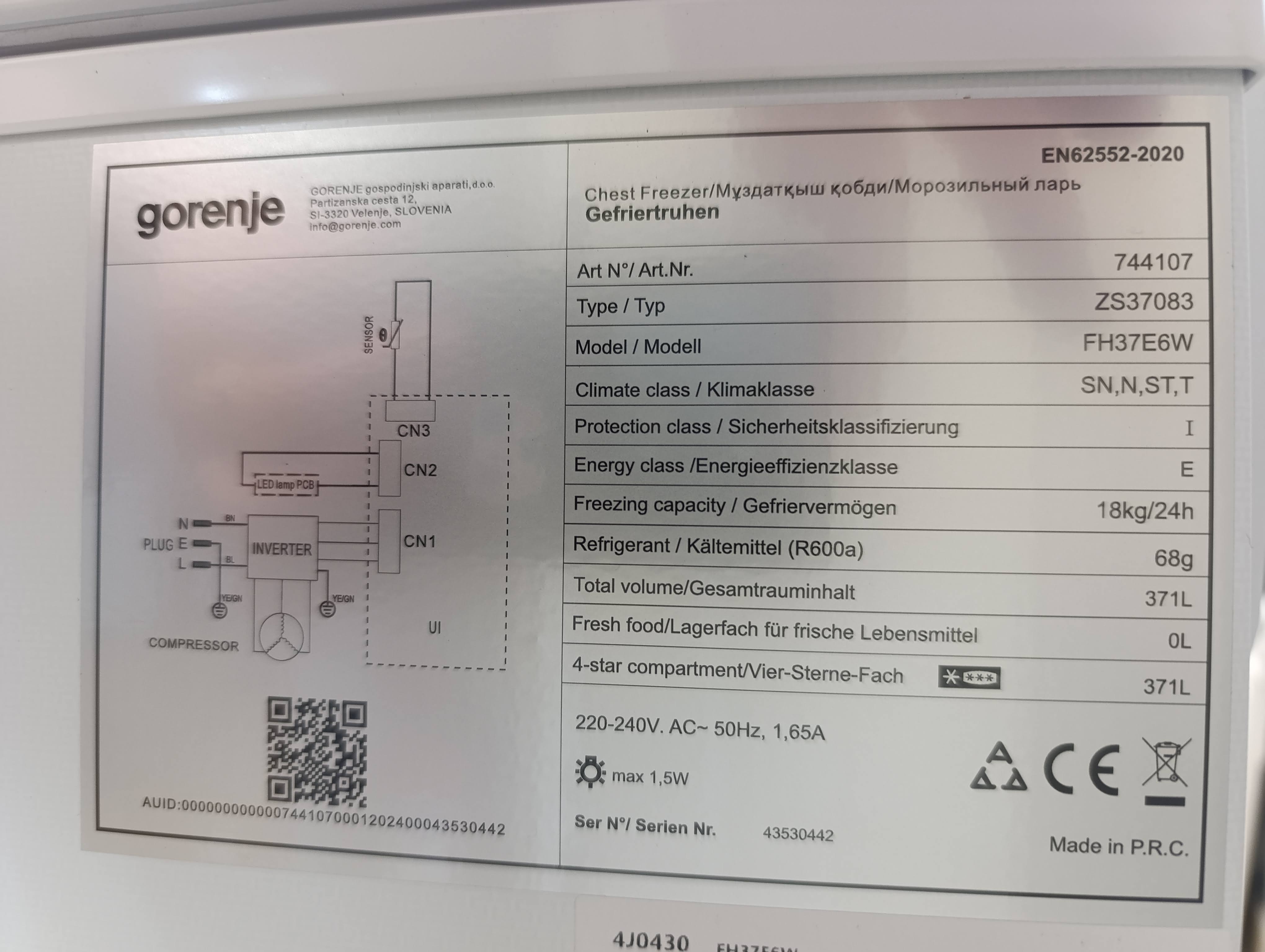 Zamrzivač sandučar Gorenje FH36E6W , 371 litara