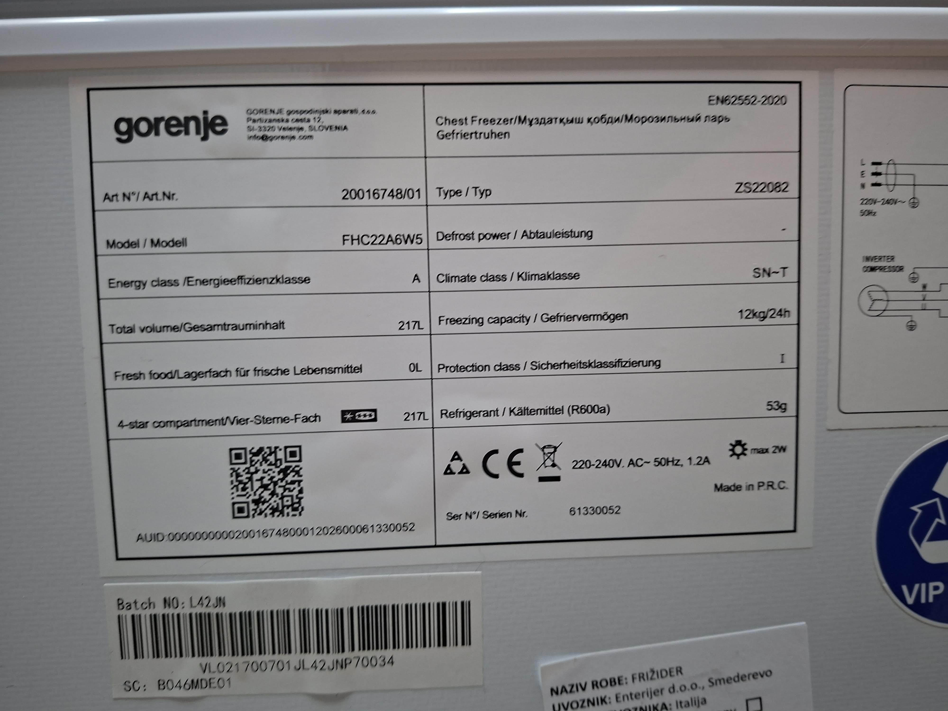 Zamrzivač sandučar Gorenje FHC22A6W5 , 217 litara