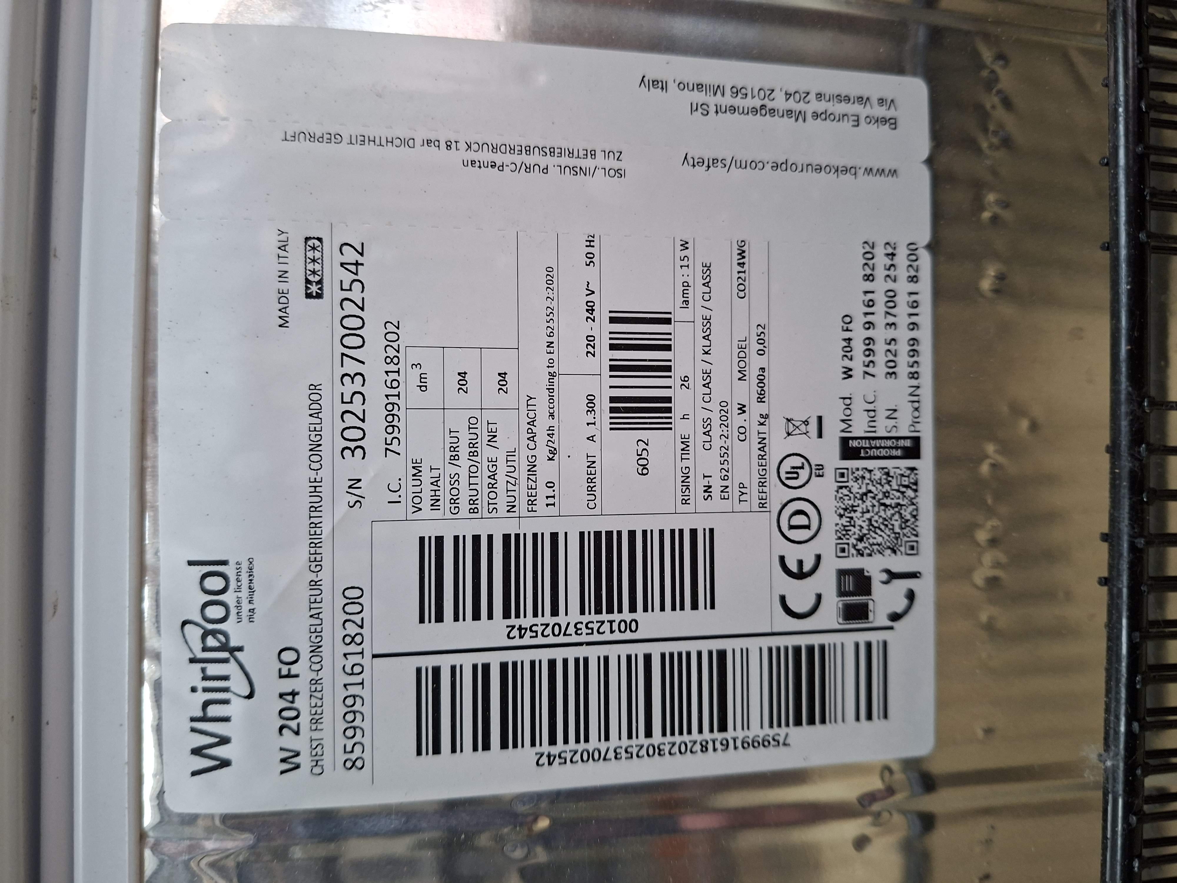 Zamrzivač sandučar Whirlpool W 204 FO, 204 litara