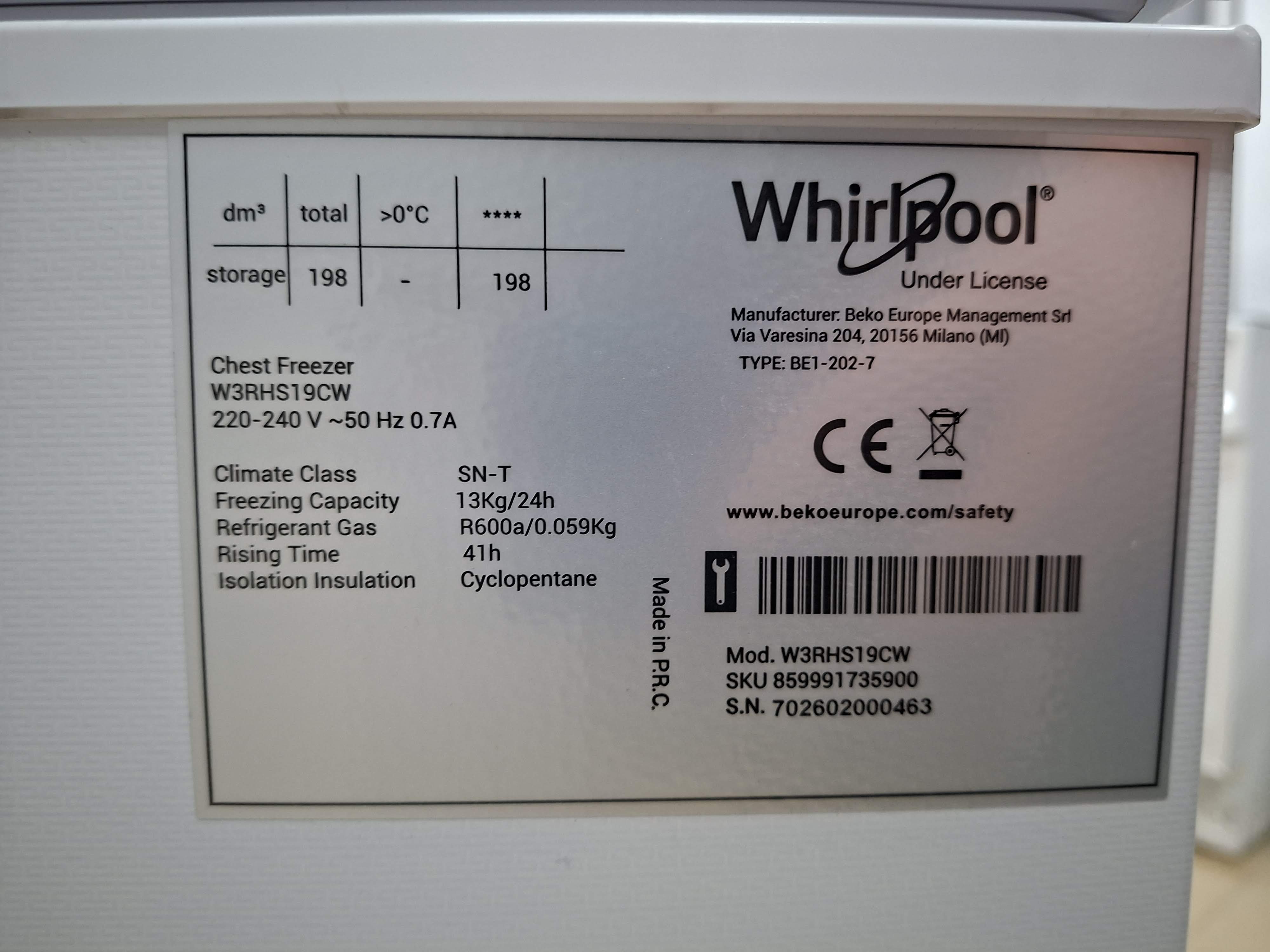 Zamrzivač sandučar Whirlpool  W3RHS19CW , 198 litara
