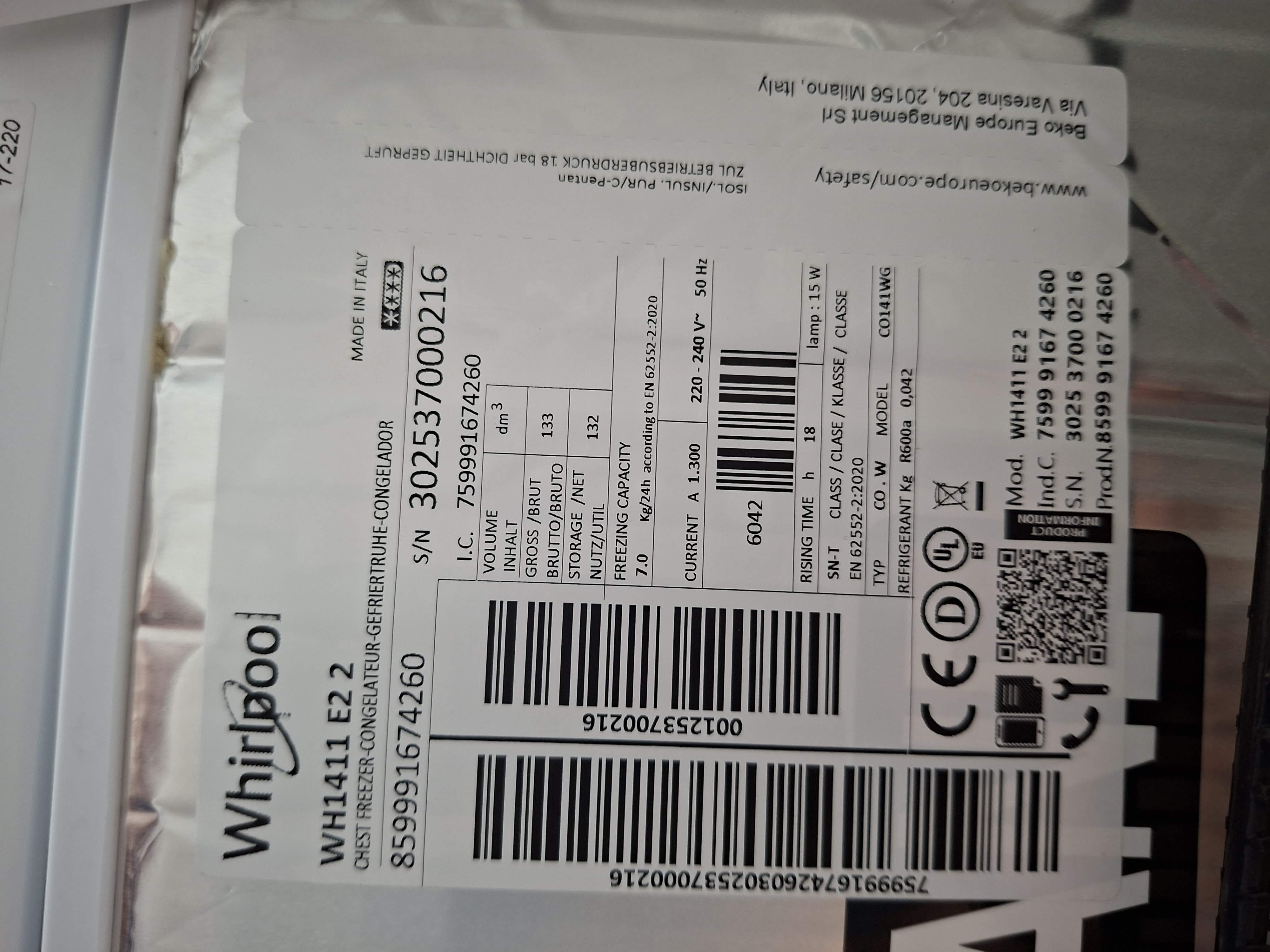 Zamrzivač sandučar Whirlpool WH1411 E2, 131l
