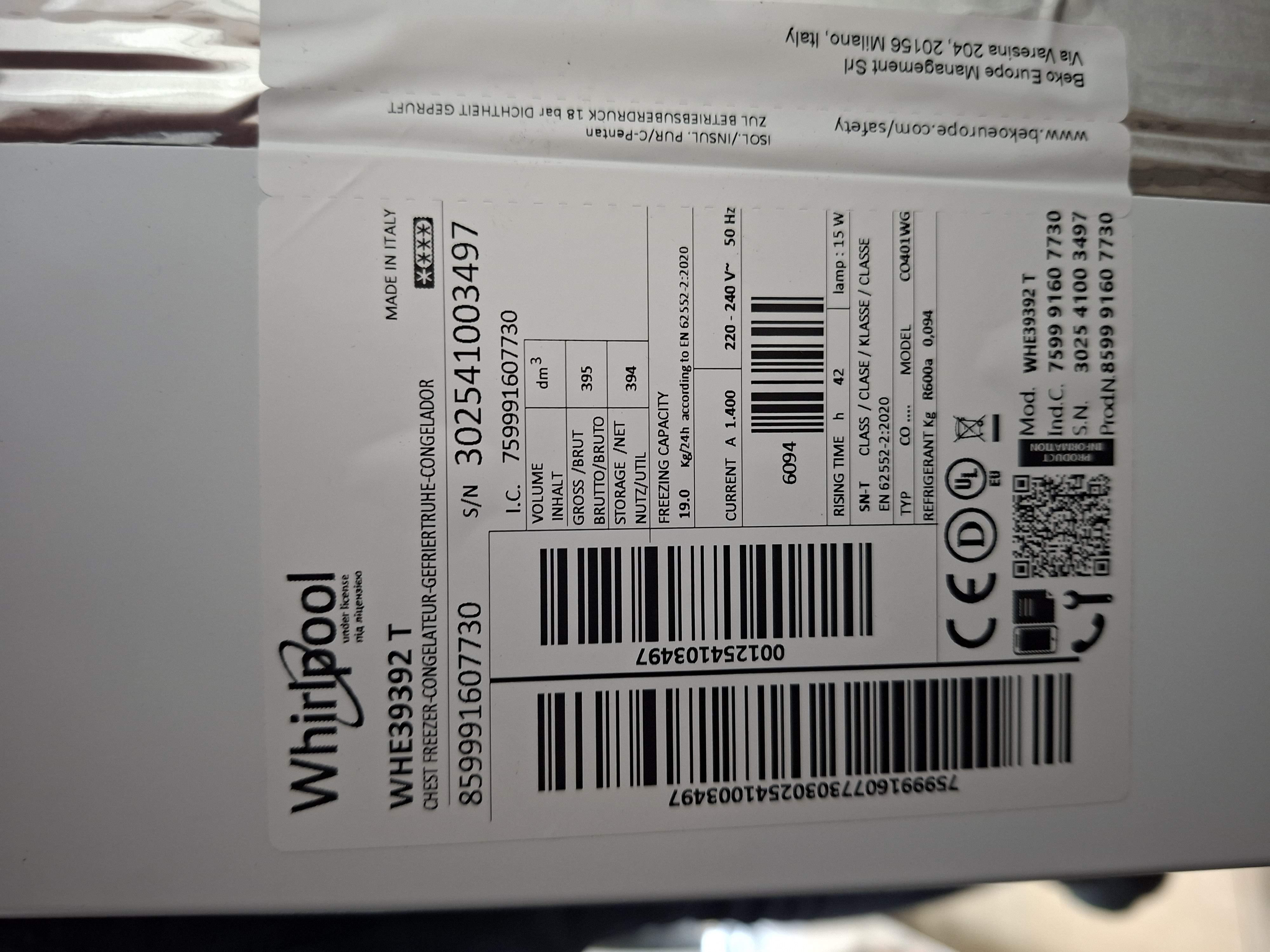 Zamrzivač sandučar Whirlpool WHE39392 T , 394 litara