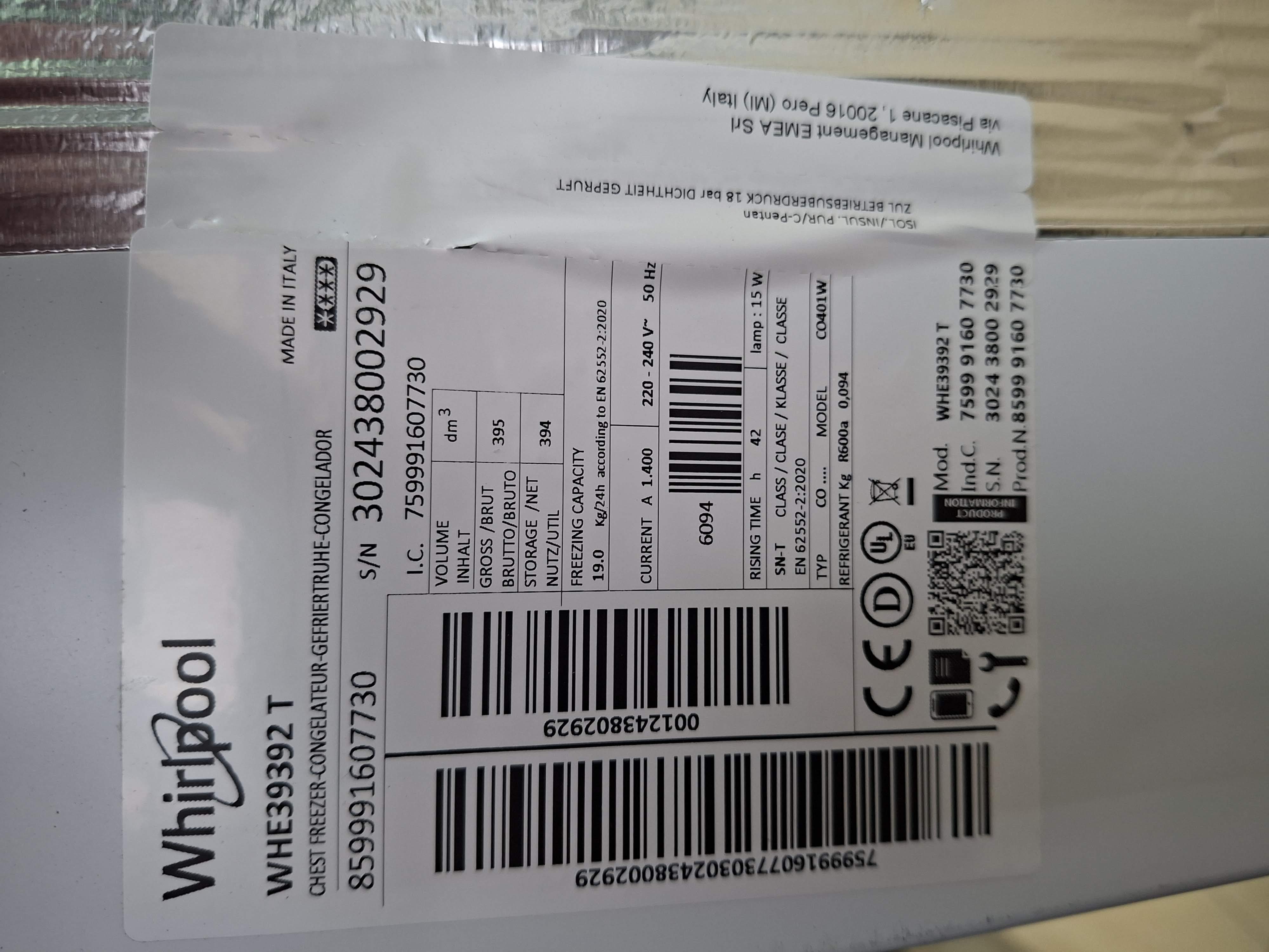 Zamrzivač sandučar Whirlpool WHE39392 T , 394 litara