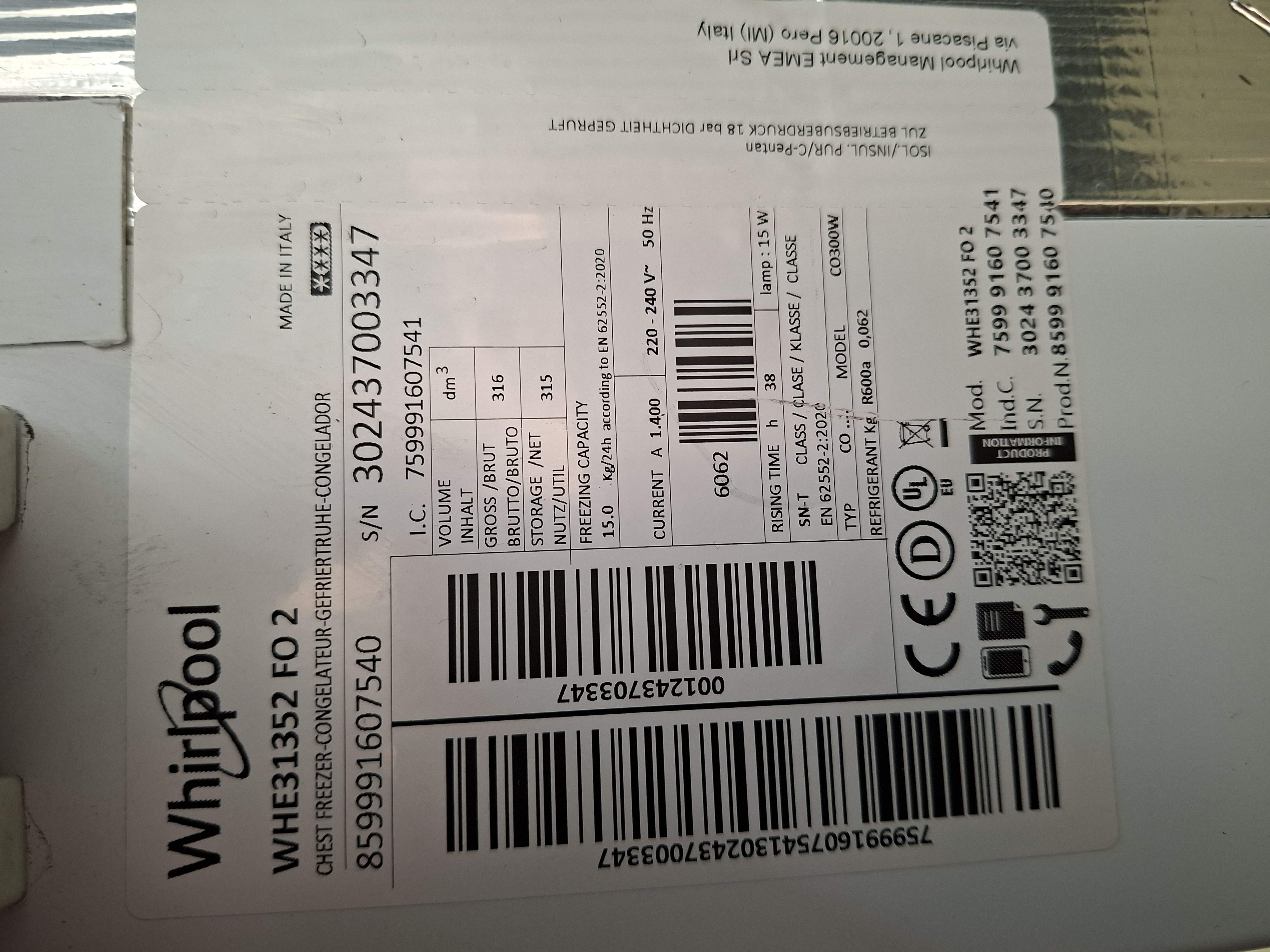 Zamrzivač Whirlpool WHE 31352 FO, 311 litara